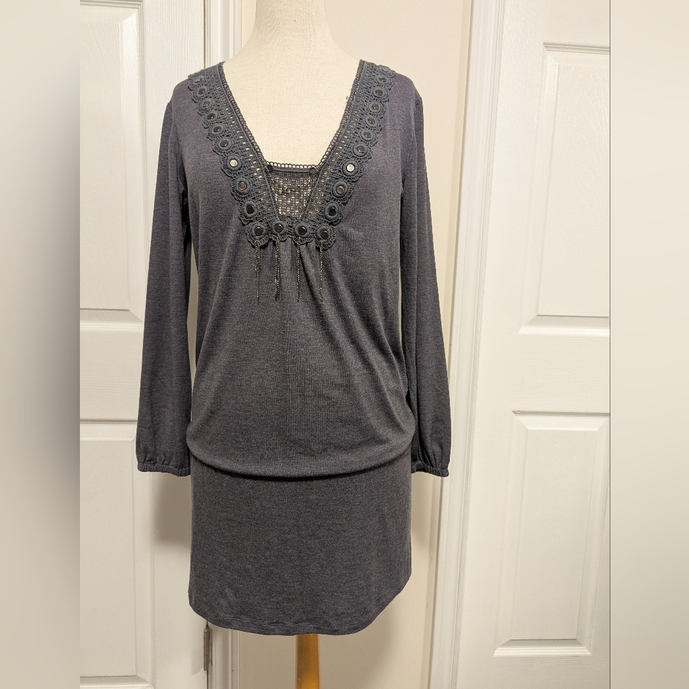 Gray V-Neck Bishop Sleeve Dress